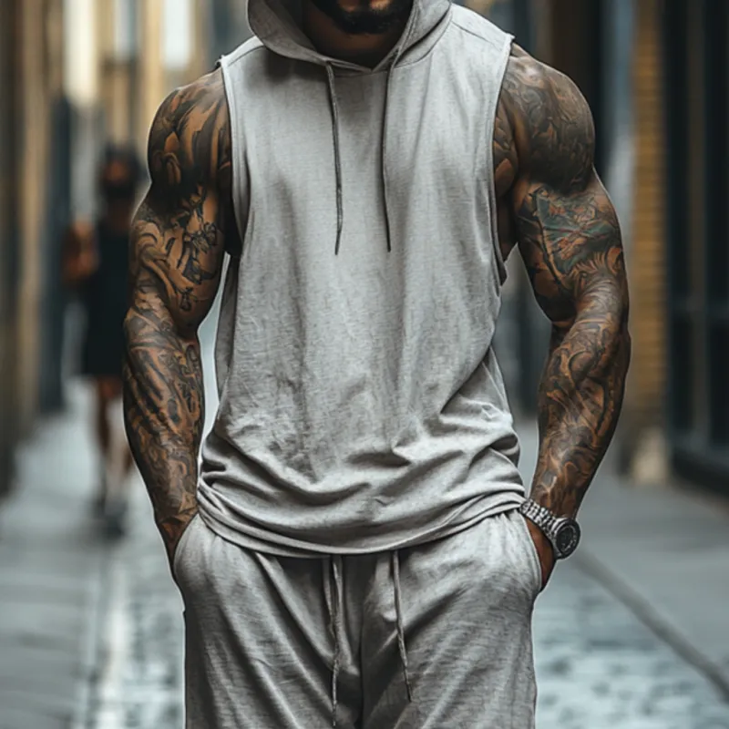 Men's Casual Breathable Cotton Hooded Loose Tank Top Elastic Waist Shorts Sports Set MTA2678E7M sold by Manly product image thumbnail 3