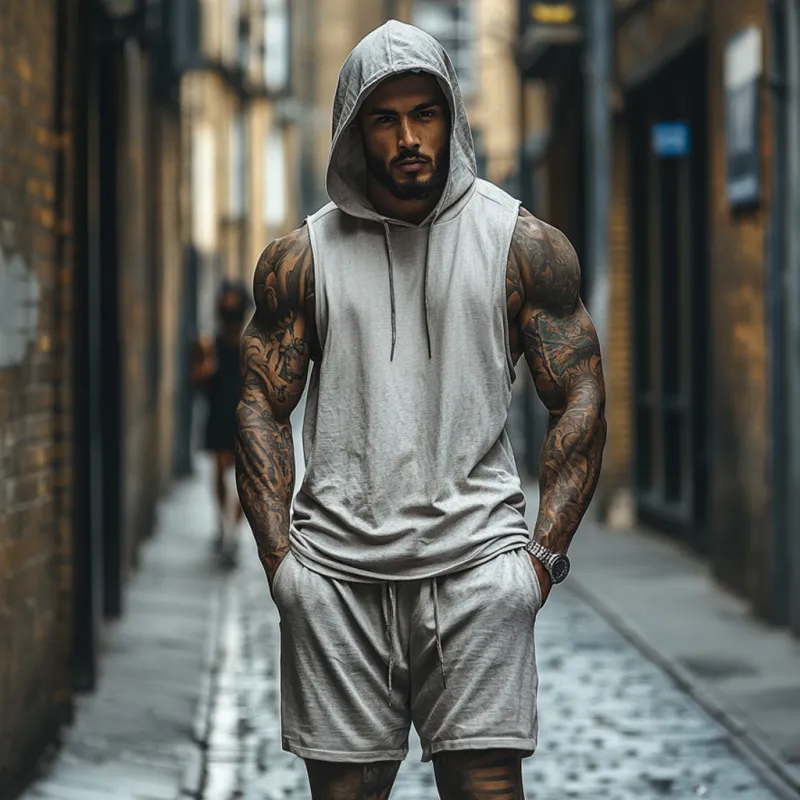 Men's Casual Breathable Cotton Hooded Loose Tank Top Elastic Waist Shorts Sports Set MTA2678E7M sold by Manly product image thumbnail 2