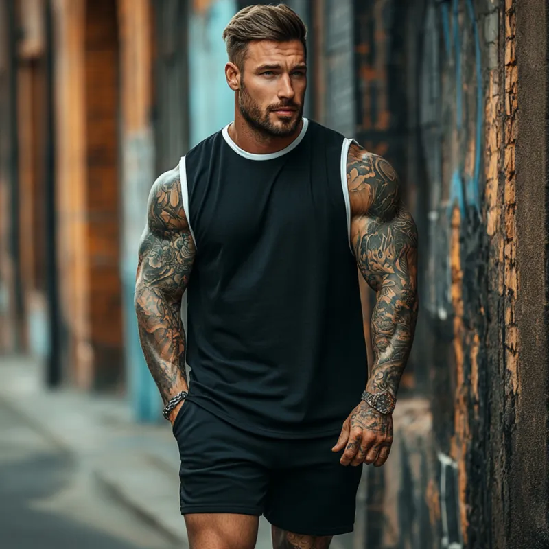 Men's Casual Cotton Colorblock Round Neck Loose Tank Top Elastic Waist Shorts Sports Set MTA2676E1M sold by Manly product image thumbnail 4