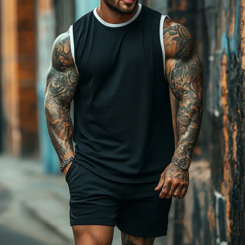 Men's Casual Cotton Colorblock Round Neck Loose Tank Top Elastic Waist Shorts Sports Set MTA2676E1M sold by Manly product image thumbnail 3