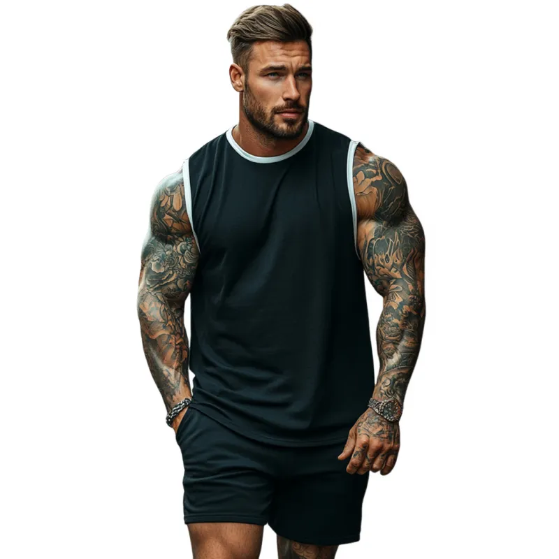 Men's Casual Cotton Colorblock Round Neck Loose Tank Top Elastic Waist Shorts Sports Set MTA2676E1M sold by Manly product image thumbnail 2