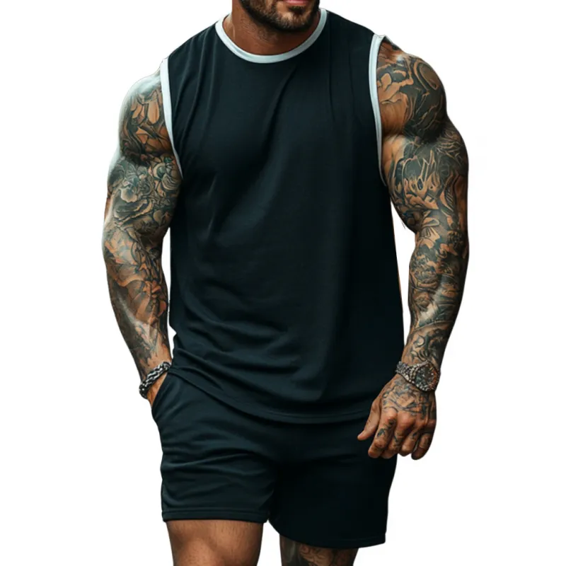 Men's Casual Cotton Colorblock Round Neck Loose Tank Top Elastic Waist Shorts Sports Set MTA2676E1M sold by Manly