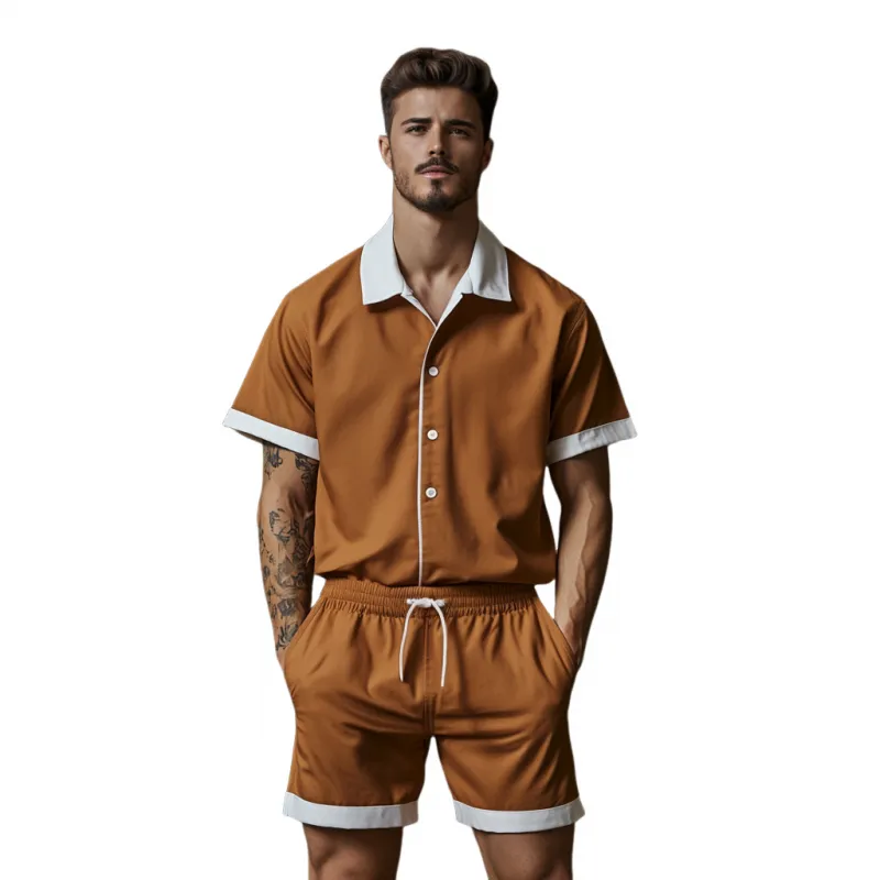 Men's Casual Cotton Blended Colorblock Lapel Loose Short Sleeve Shirt Elastic Waist Shorts Set MTA2649E6M sold by Manly product image thumbnail 2