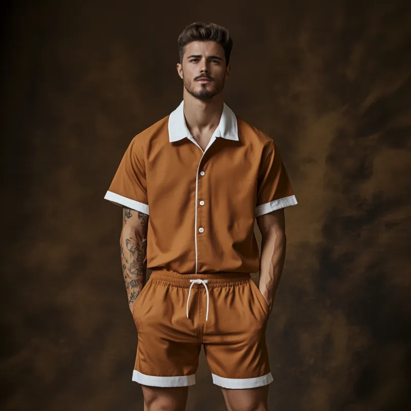 Men's Casual Cotton Blended Colorblock Lapel Loose Short Sleeve Shirt Elastic Waist Shorts Set MTA2649E6M sold by Manly product image thumbnail 4