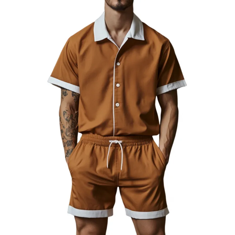 Men's Casual Cotton Blended Colorblock Lapel Loose Short Sleeve Shirt Elastic Waist Shorts Set MTA2649E6M sold by Manly