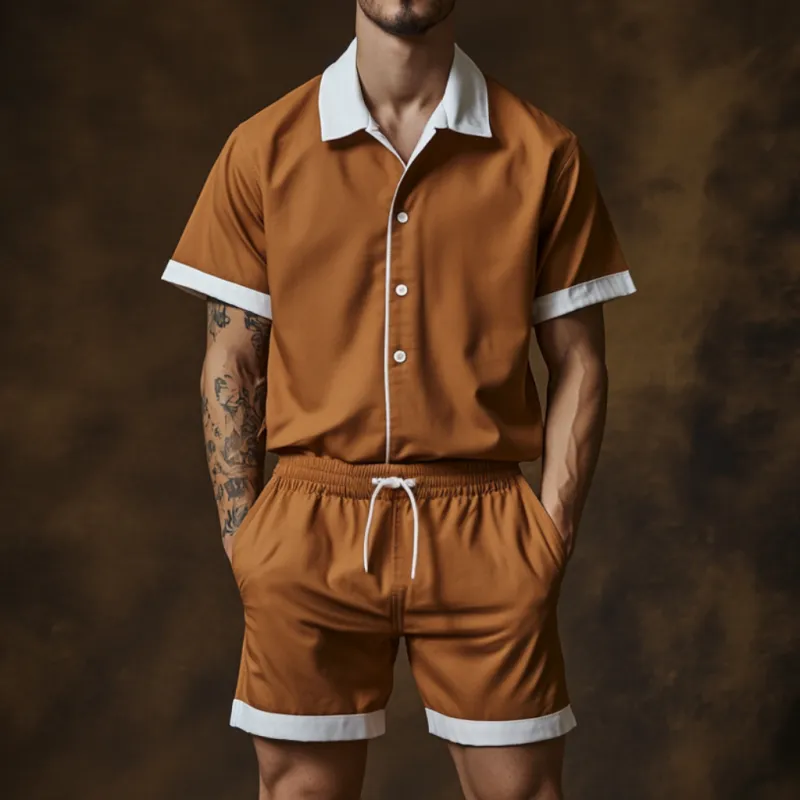 Men's Casual Cotton Blended Colorblock Lapel Loose Short Sleeve Shirt Elastic Waist Shorts Set MTA2649E6M sold by Manly product image thumbnail 3