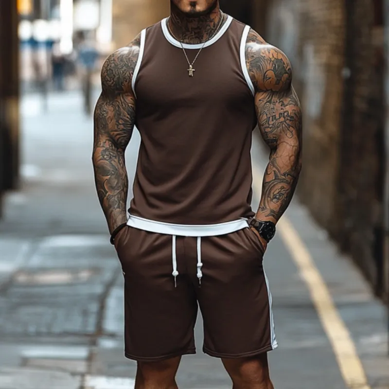 Men's Casual Breathable Cotton Colorblock Round Neck Tank Top Elastic Waist Shorts Sports Set MTA2661E6M sold by Manly product image thumbnail 3