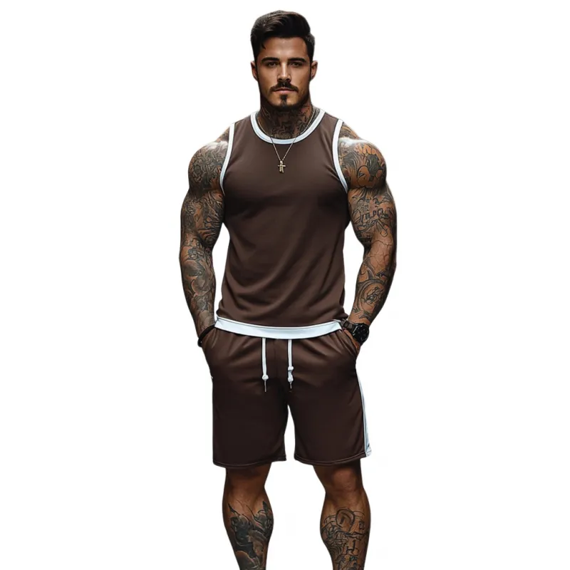 Men's Casual Breathable Cotton Colorblock Round Neck Tank Top Elastic Waist Shorts Sports Set MTA2661E6M sold by Manly product image thumbnail 2