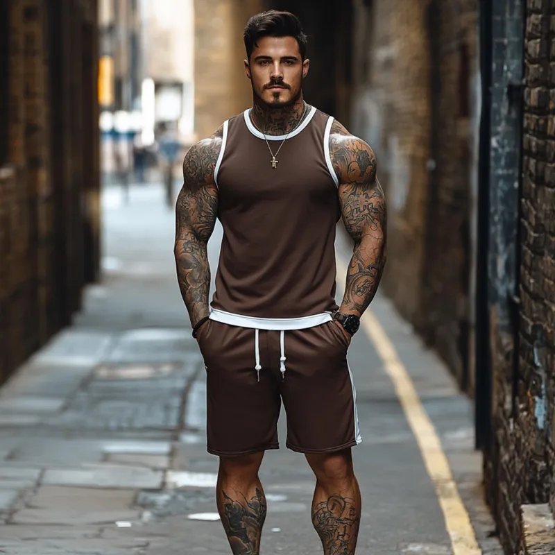 Men's Casual Breathable Cotton Colorblock Round Neck Tank Top Elastic Waist Shorts Sports Set MTA2661E6M sold by Manly product image thumbnail 4