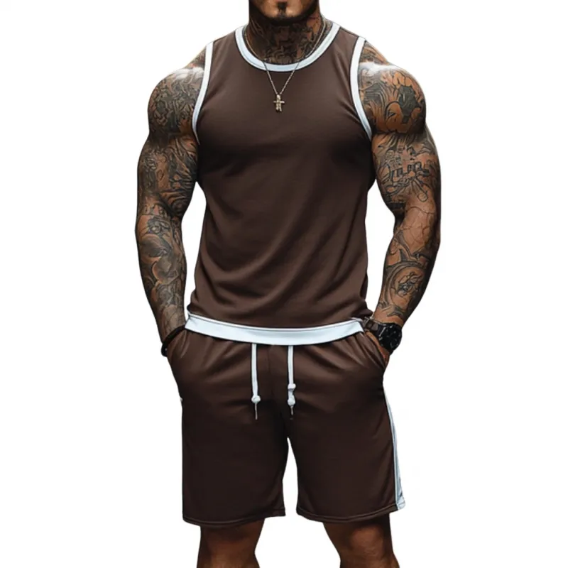Men's Casual Breathable Cotton Colorblock Round Neck Tank Top Elastic Waist Shorts Sports Set MTA2661E6M sold by Manly