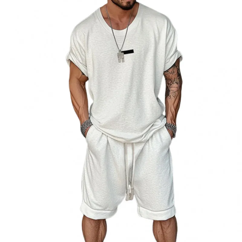 Men's Casual Cotton Loose Round Neck Short Sleeve T-shirt Elastic Waist Shorts Sports Set MTA2674E7M sold by Manly