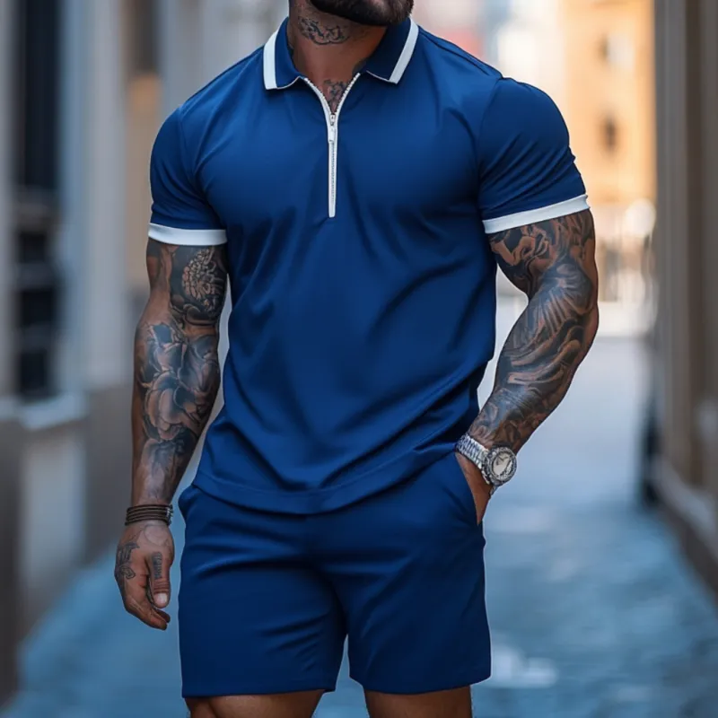 Men's Casual Cotton Blended Colorblock Zipper Lapel Short Sleeve Polo Shirt Elastic Waist Shorts Set MTA2606E7M sold by Manly product image thumbnail 3
