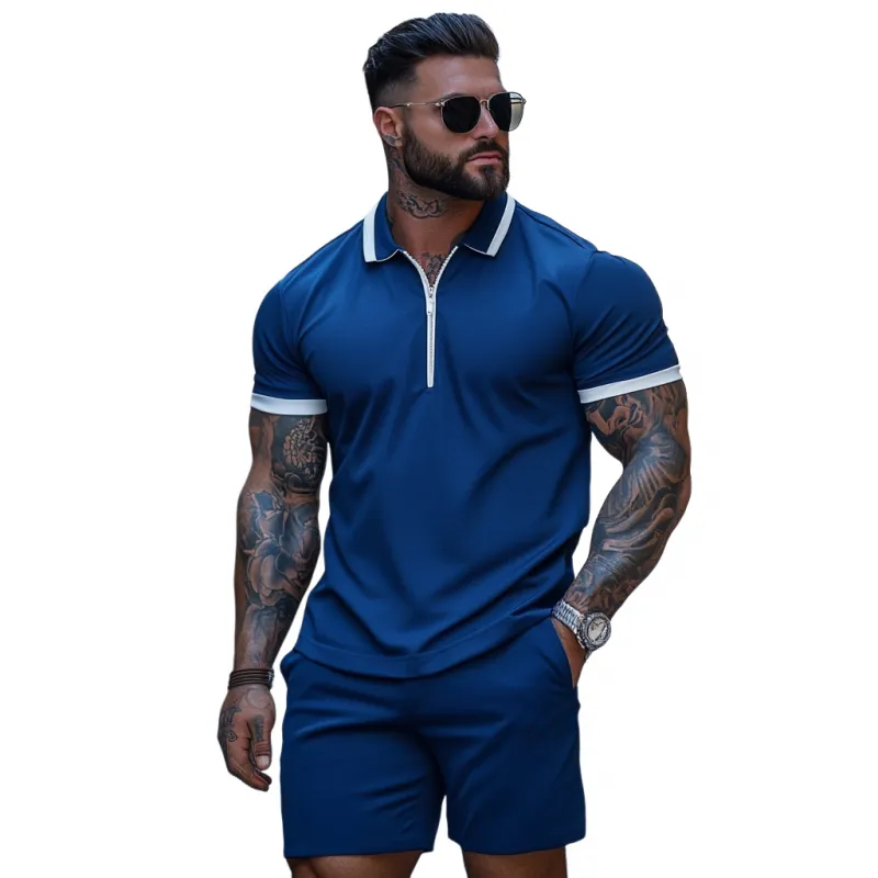 Men's Casual Cotton Blended Colorblock Zipper Lapel Short Sleeve Polo Shirt Elastic Waist Shorts Set MTA2606E7M sold by Manly product image thumbnail 2
