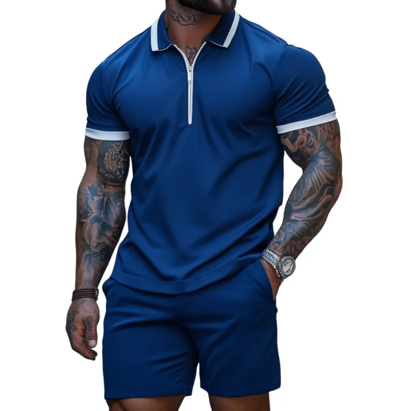 Men's Casual Cotton Blended Colorblock Zipper Lapel Short Sleeve Polo Shirt Elastic Waist Shorts Set MTA2606E7M sold by Manly