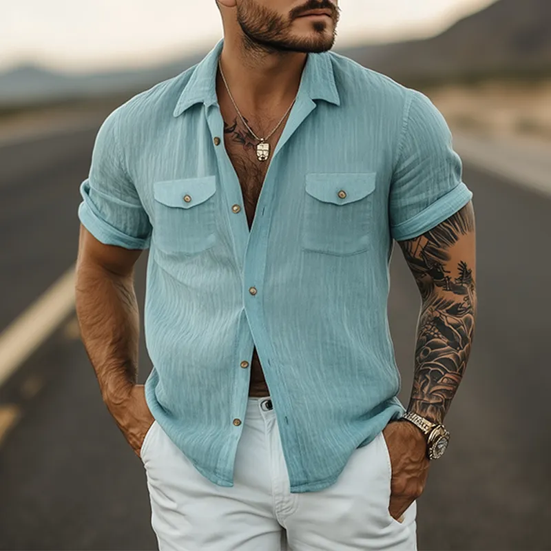 Men's Summer Classic Fashion Casual Plain Wrinkled Texture Fabric Short-sleeved Shirt MTA2680E1K sold by Manly product image thumbnail 2