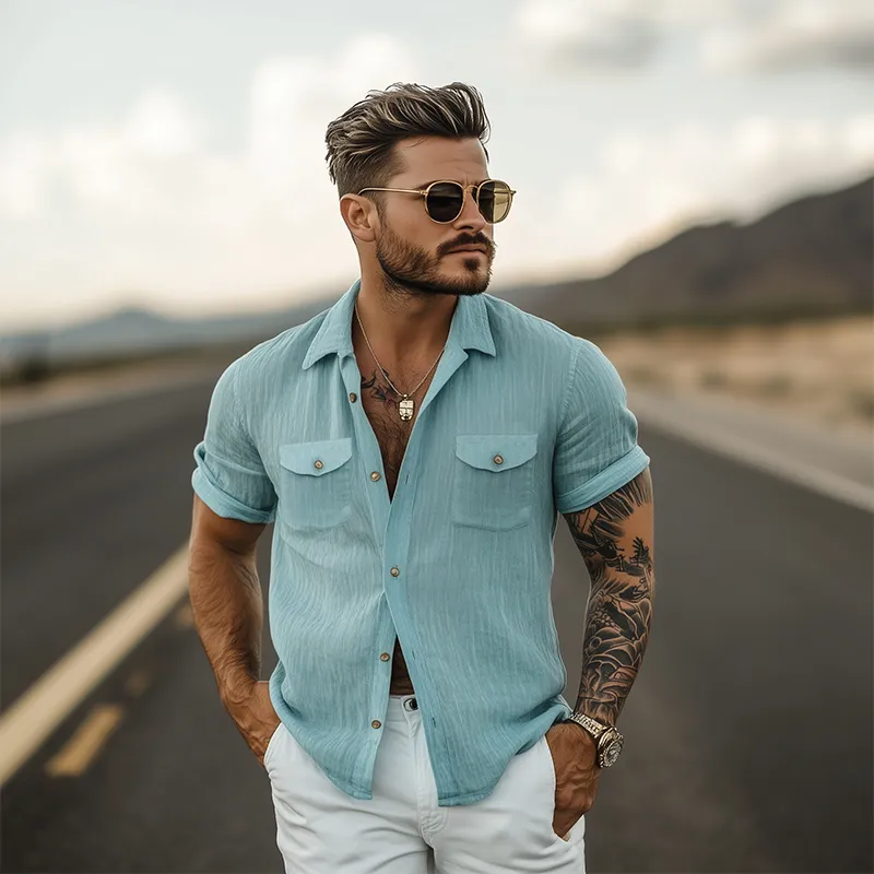 Men's Summer Classic Fashion Casual Plain Wrinkled Texture Fabric Short-sleeved Shirt MTA2680E1K sold by Manly product image thumbnail 3