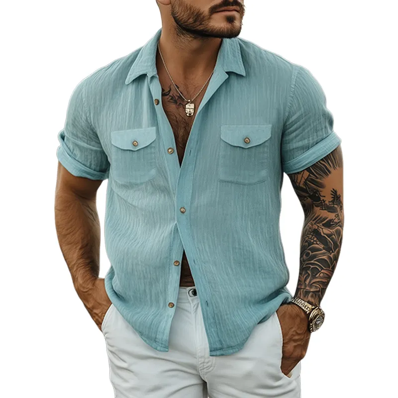 Men's Summer Classic Fashion Casual Plain Wrinkled Texture Fabric Short-sleeved Shirt MTA2680E1K sold by Manly