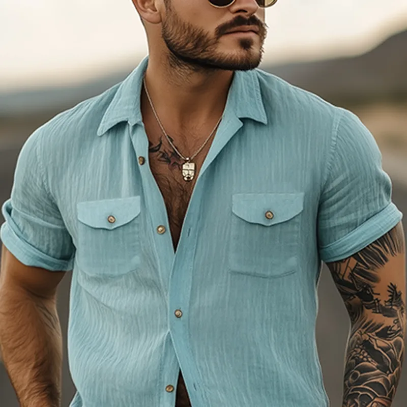 Men's Summer Classic Fashion Casual Plain Wrinkled Texture Fabric Short-sleeved Shirt MTA2680E1K sold by Manly product image thumbnail 4