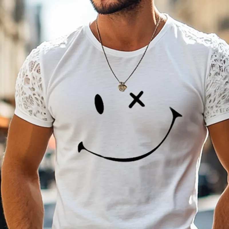 Men's Fashion Smily Print Round Neck Lace Short Sleeve Casual T-shirt MTA2622E9Z sold by Manly product image thumbnail 4