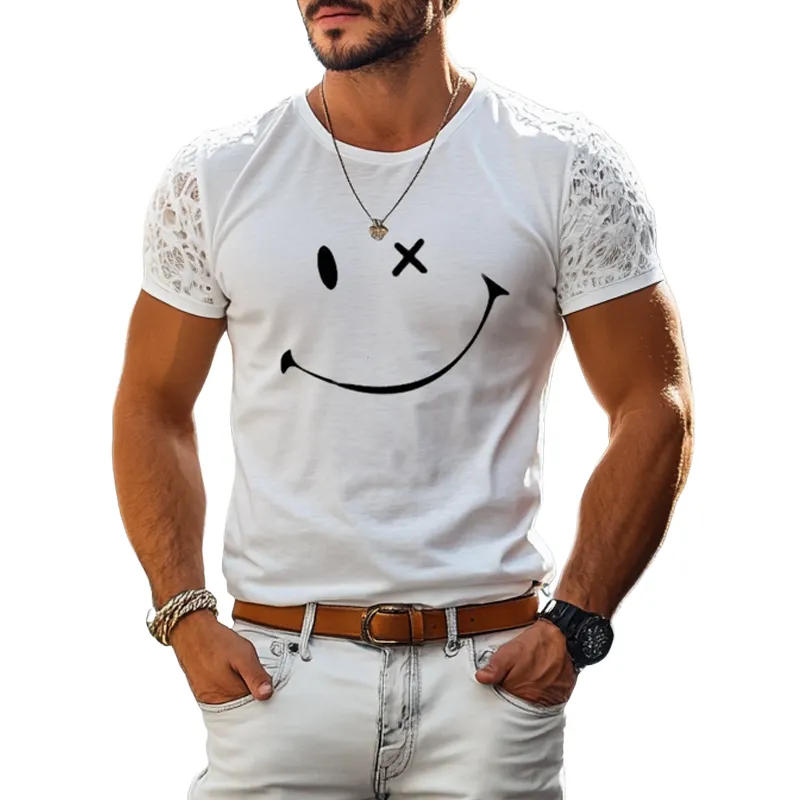 Men's Fashion Smily Print Round Neck Lace Short Sleeve Casual T-shirt MTA2622E9Z sold by Manly