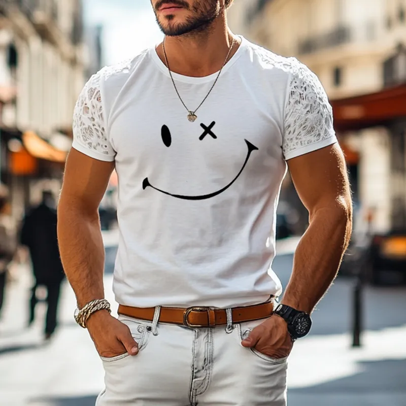 Men's Fashion Smily Print Round Neck Lace Short Sleeve Casual T-shirt MTA2622E9Z sold by Manly product image thumbnail 2