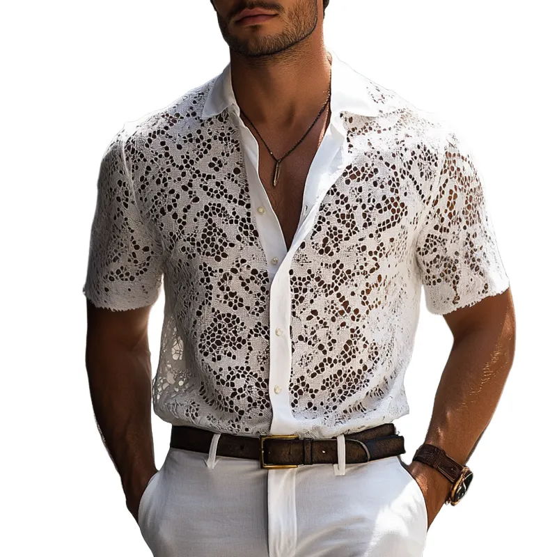 Men's Fashion Loose Lace Lapel Short Sleeve Casual Shirt MTA2659E3Z sold by Manly