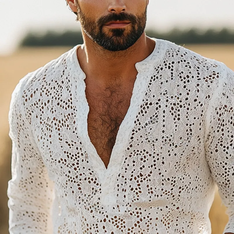 Men's Fashion Breathable Lace Henley Collar Long Sleeve Casual Shirt MTA2681E4Z sold by Manly product image thumbnail 3