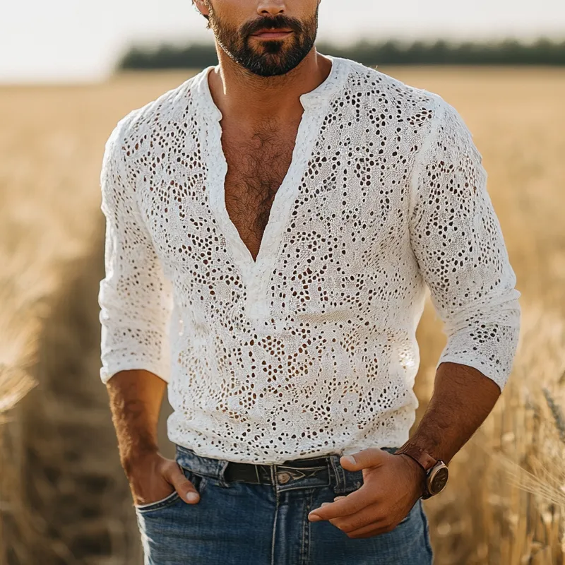 Men's Fashion Breathable Lace Henley Collar Long Sleeve Casual Shirt MTA2681E4Z sold by Manly product image thumbnail 2