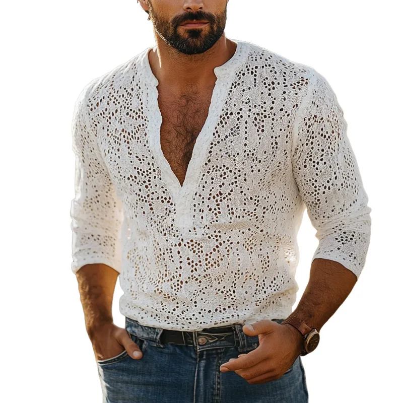 Men's Fashion Breathable Lace Henley Collar Long Sleeve Casual Shirt MTA2681E4Z sold by Manly