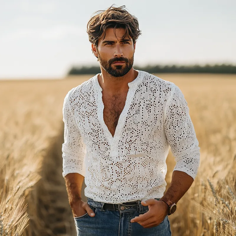 Men's Fashion Breathable Lace Henley Collar Long Sleeve Casual Shirt MTA2681E4Z sold by Manly product image thumbnail 4