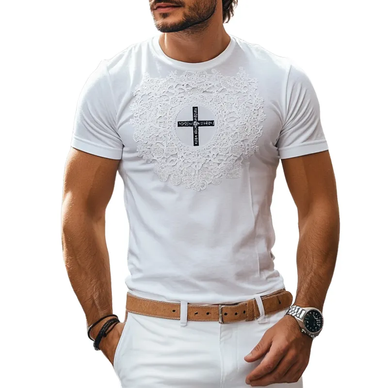 Men's Fashion Cross Print Lace Decor Round Neck Short Sleeve T-shirt MTA2658E0Z sold by Manly