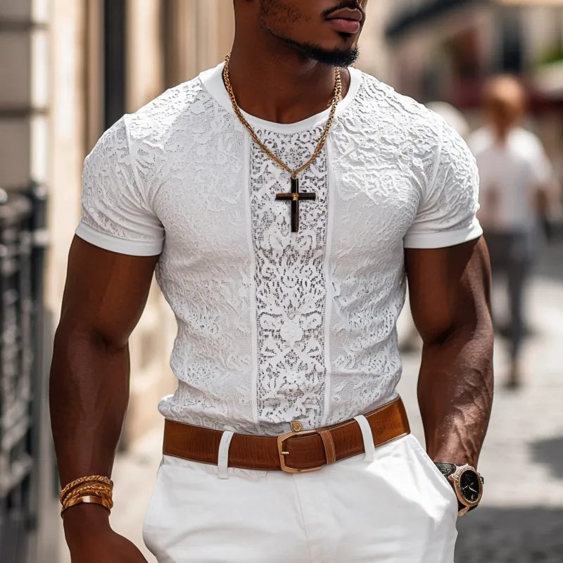 Men's Fashion Lace Stitching Round Neck Short Sleeve Casual T-shirt MTA2664E2Z sold by Manly product image thumbnail 2