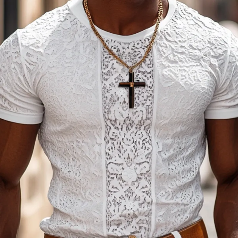 Men's Fashion Lace Stitching Round Neck Short Sleeve Casual T-shirt MTA2664E2Z sold by Manly product image thumbnail 3