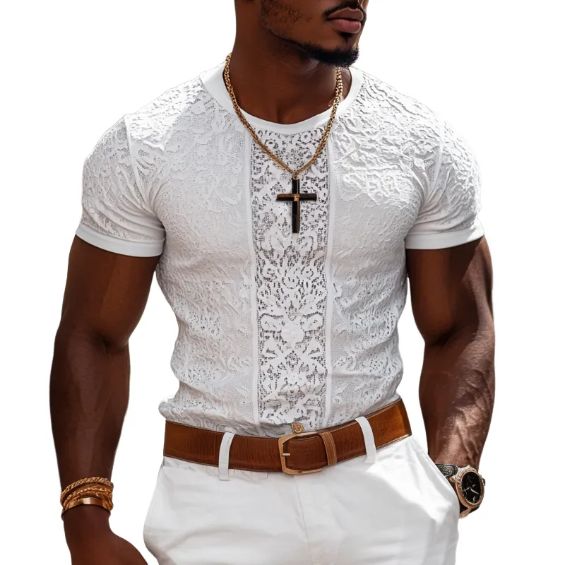 Men's Fashion Lace Stitching Round Neck Short Sleeve Casual T-shirt MTA2664E2Z sold by Manly