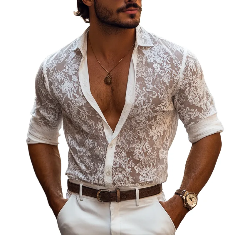Men's Fashion Lace Lapel Long Sleeve Casual Shirt MTA2631E0Z sold by Manly