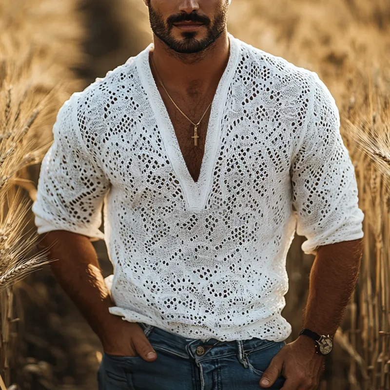 Men's Fashion Breathable Lace V Neck Long Sleeve Casual Shirt MTA2617E4Z sold by Manly product image thumbnail 2