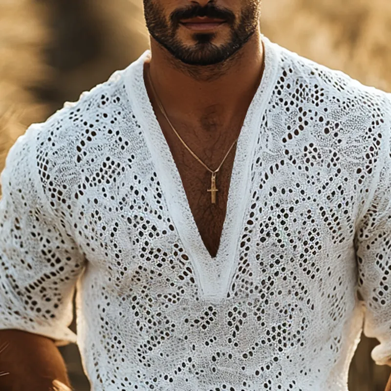 Men's Fashion Breathable Lace V Neck Long Sleeve Casual Shirt MTA2617E4Z sold by Manly product image thumbnail 3