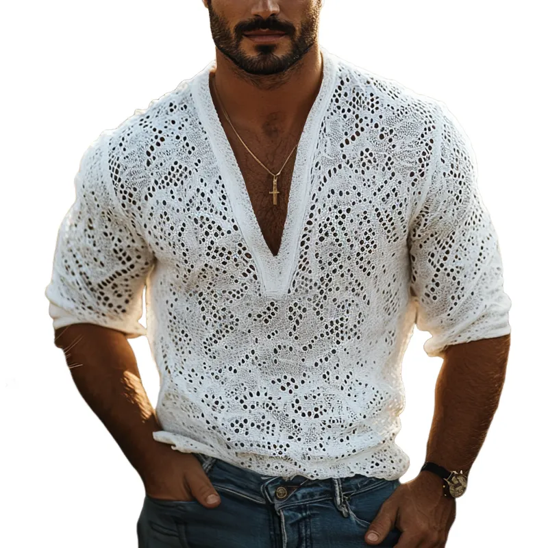 Men's Fashion Breathable Lace V Neck Long Sleeve Casual Shirt MTA2617E4Z sold by Manly