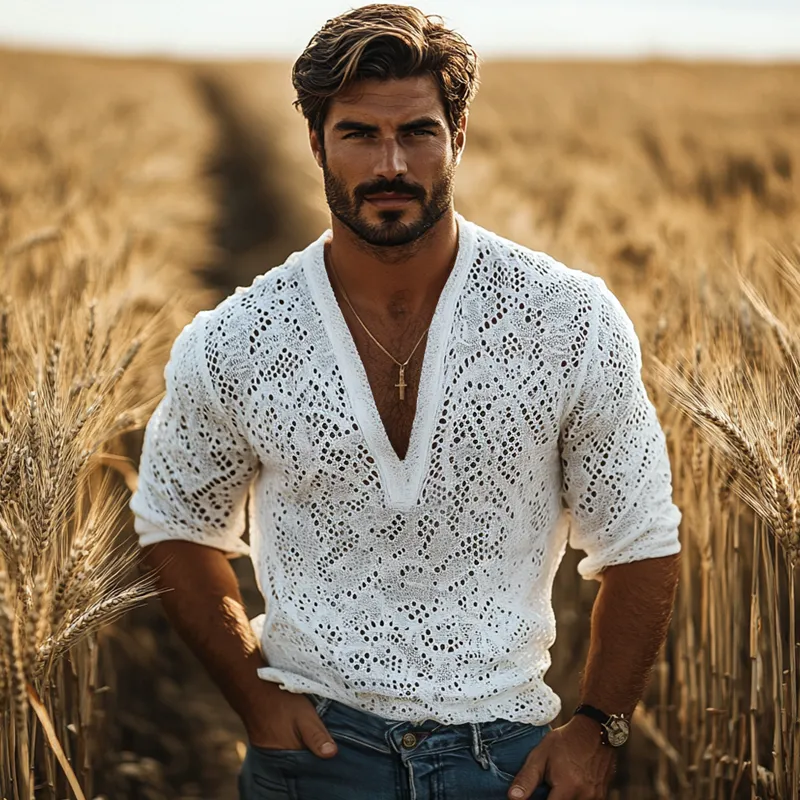 Men's Fashion Breathable Lace V Neck Long Sleeve Casual Shirt MTA2617E4Z sold by Manly product image thumbnail 4