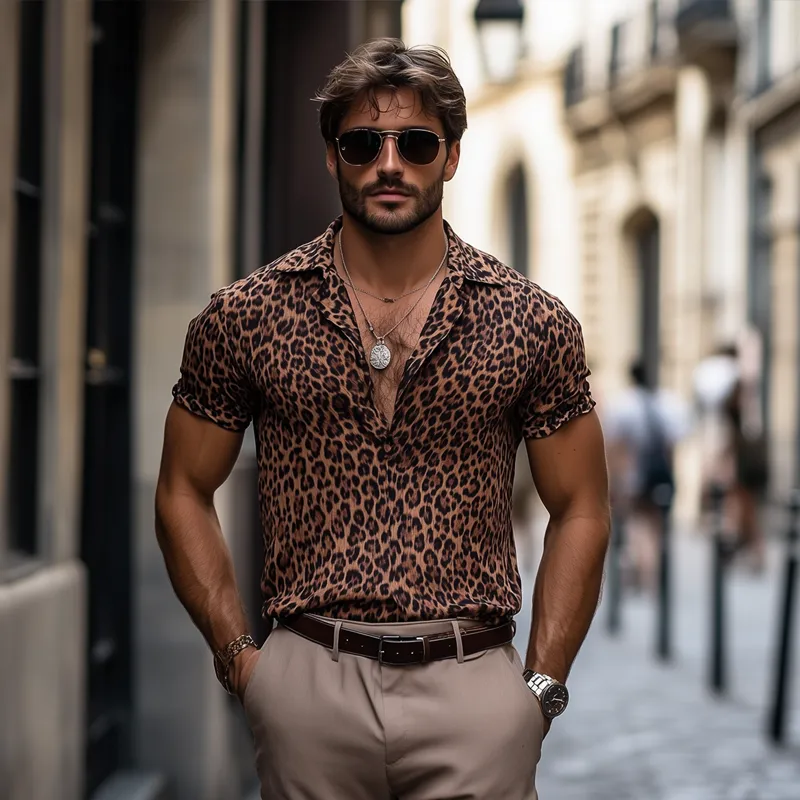 Men's Fashion Leopard Print Lapel Short Sleeve Casual Shirt MTA2694E6Z sold by Manly product image thumbnail 4