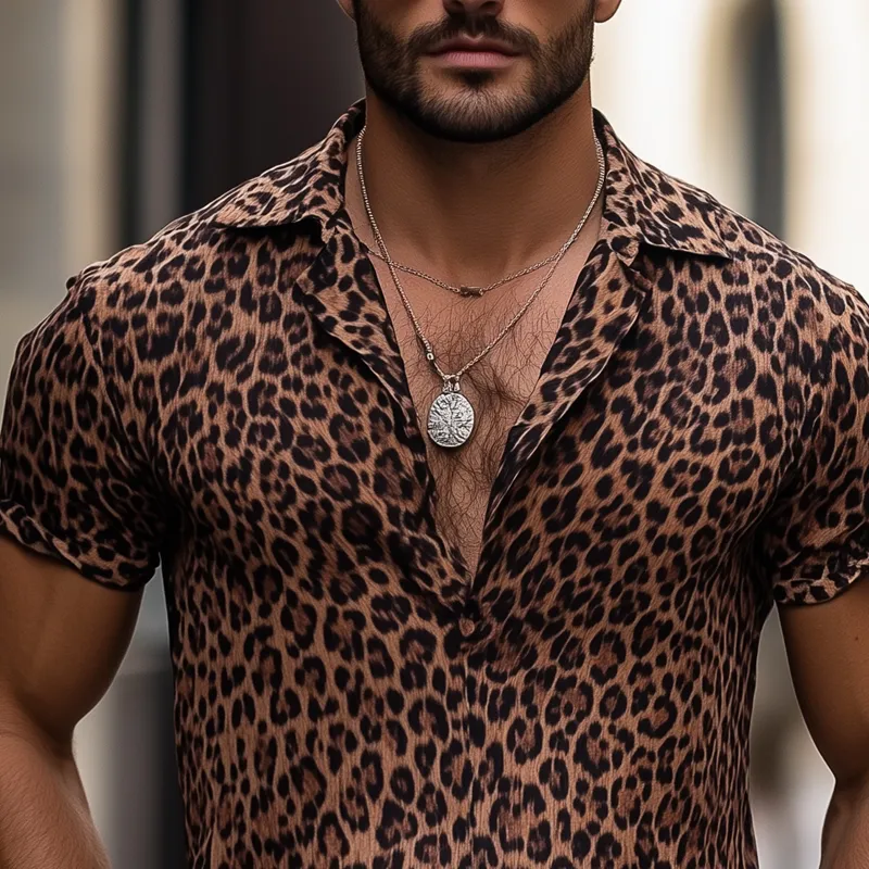Men's Fashion Leopard Print Lapel Short Sleeve Casual Shirt MTA2694E6Z sold by Manly product image thumbnail 3
