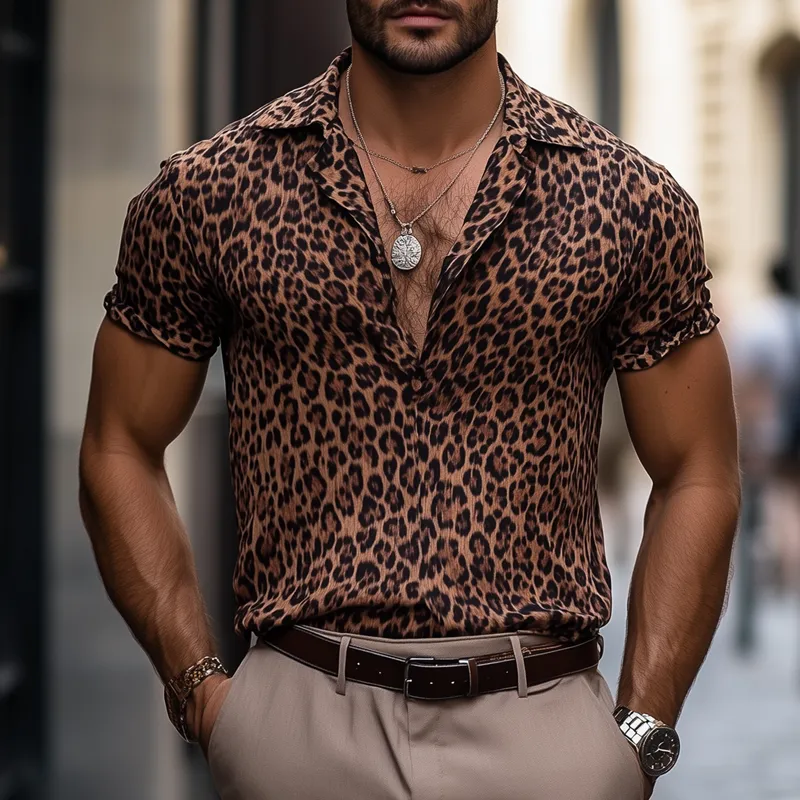 Men's Fashion Leopard Print Lapel Short Sleeve Casual Shirt MTA2694E6Z sold by Manly product image thumbnail 2