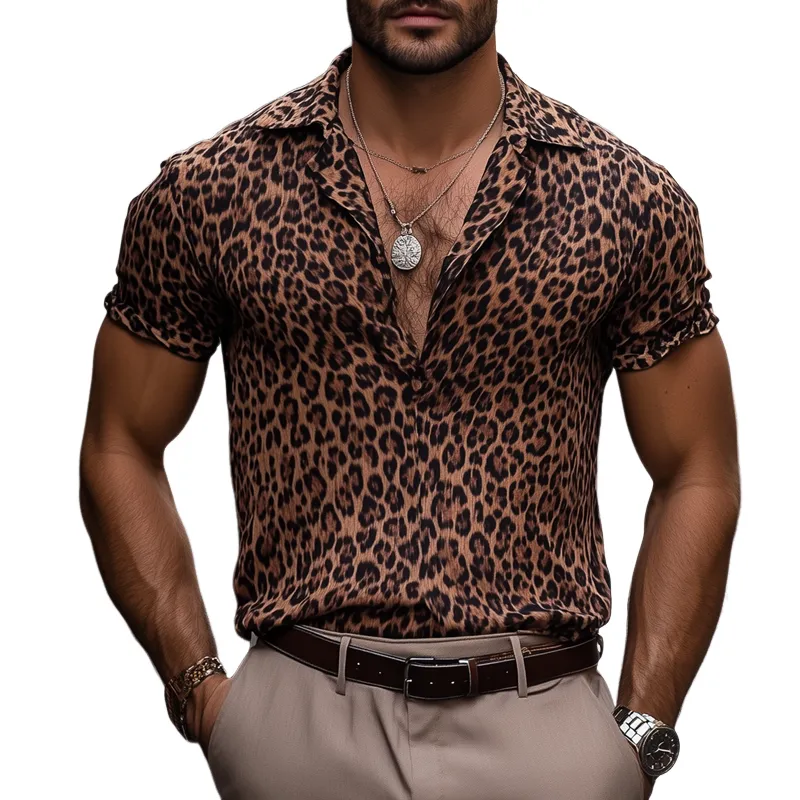 Men's Fashion Leopard Print Lapel Short Sleeve Casual Shirt MTA2694E6Z sold by Manly