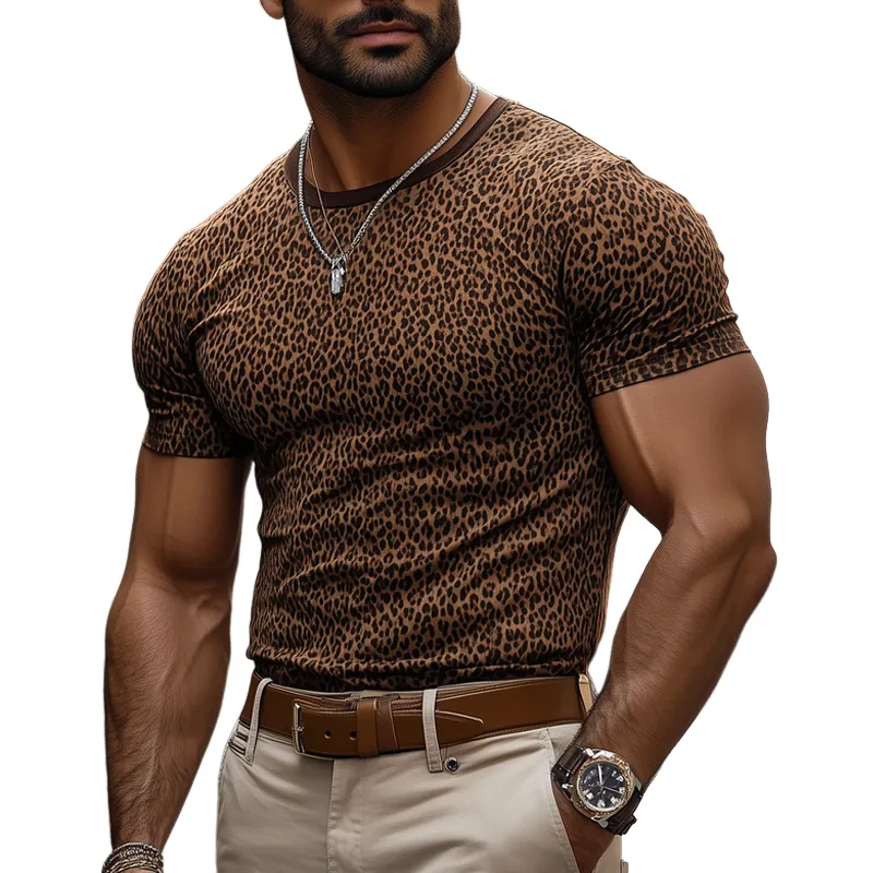 Men's Fashion Leopard Print Round Neck Short Sleeve Casual T-shirt MTA2632E4Z sold by Manly