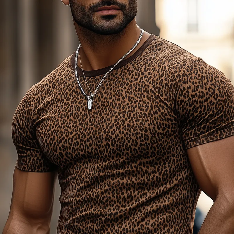 Men's Fashion Leopard Print Round Neck Short Sleeve Casual T-shirt MTA2632E4Z sold by Manly product image thumbnail 3