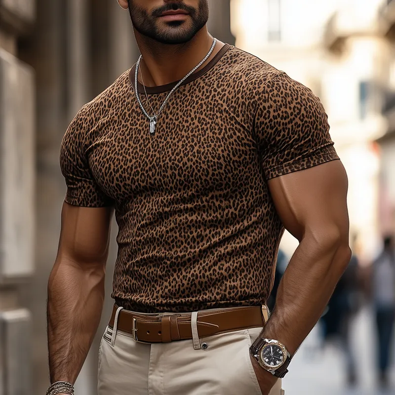 Men's Fashion Leopard Print Round Neck Short Sleeve Casual T-shirt MTA2632E4Z sold by Manly product image thumbnail 2