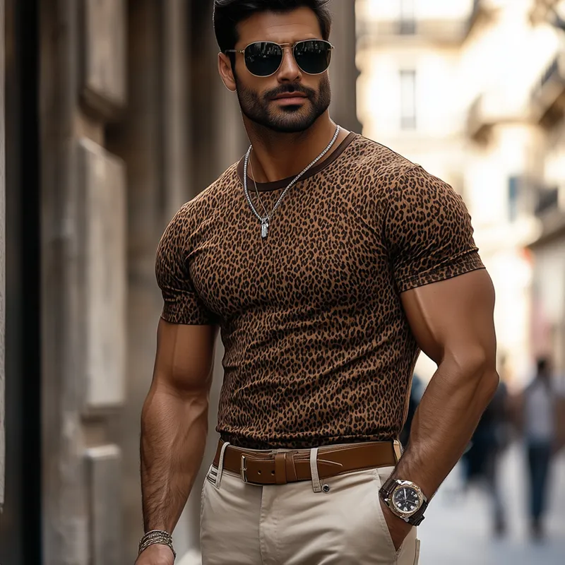 Men's Fashion Leopard Print Round Neck Short Sleeve Casual T-shirt MTA2632E4Z sold by Manly product image thumbnail 4