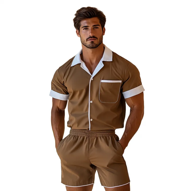 Men's Casual Cotton Blended Colorblock Lapel Patch Pocket Short Sleeve Shirt Elastic Waist Shorts Set MTA2653E7M sold by Manly product image thumbnail 2