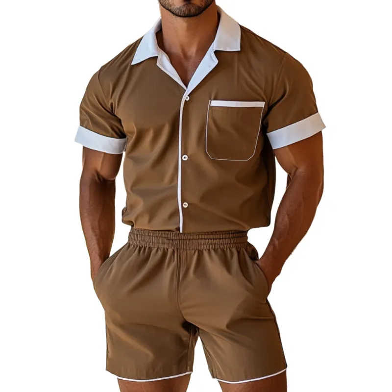 Men's Casual Cotton Blended Colorblock Lapel Patch Pocket Short Sleeve Shirt Elastic Waist Shorts Set MTA2653E7M sold by Manly