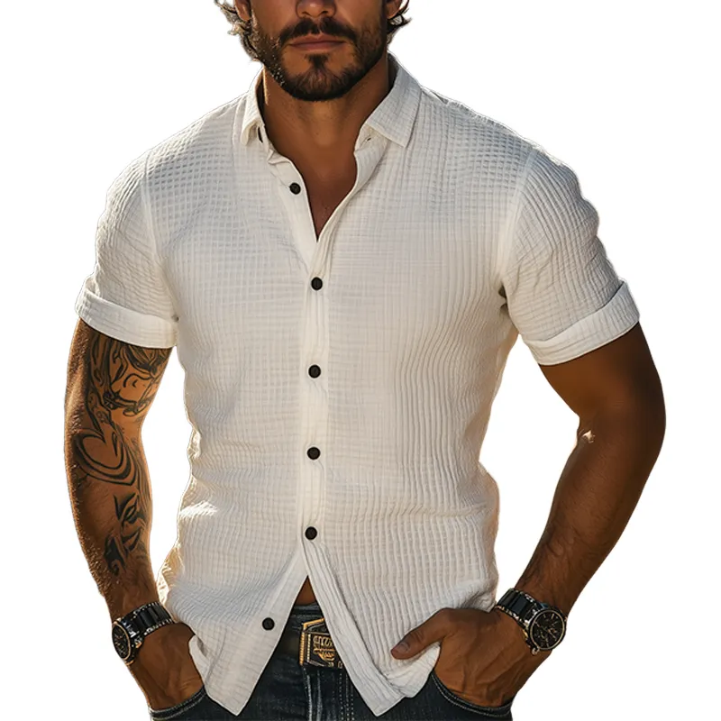 Men's Summer Fashion Casual Tough Guy Style Waffle Slim Short Sleeve Shirt MTA2670E0K sold by Manly